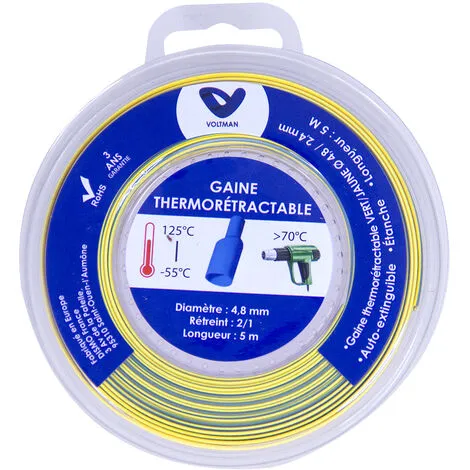 VOLTMAN Gaine Thermoratractable Ø 4,8/2,4mm X 5 Mètres, Auto-extinguible, Vert/jaune, étanche, Température D'utilisation -55 /+ 125?C. 1 VOLTMAN Gaine Thermoratractable Ø 4,8/2,4mm X 5 Mètres, Auto-extinguible, Vert/jaune, étanche, Température D'utilisation -55 /+ 125?C.